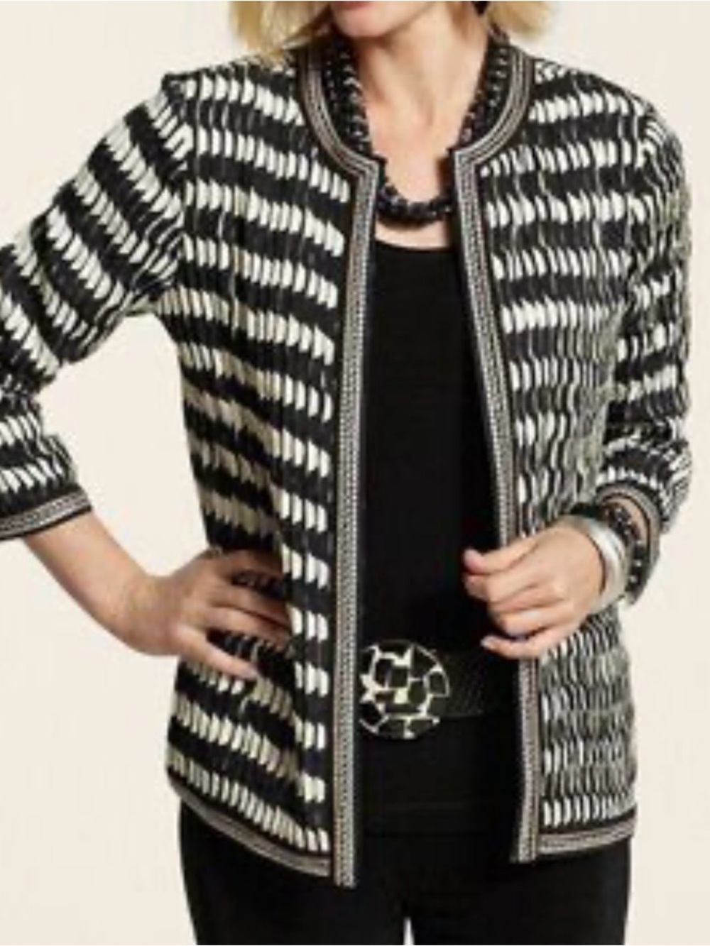 NEW Chico's Travelers Black Ivory Geometric Pleated Darby Jacket Embroidered Med